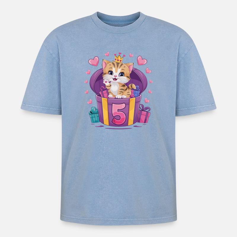 Chat mignon - 5e anniversaire - 5 ans - T-shirt Premium unisexe oversize acid-washed - bleu délavé acide