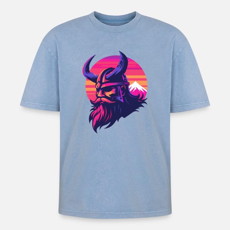 Wikinger Synthwave 3 - Oversized Unisex Premium Acid-Washed T-Shirt - Blau Acid Wash