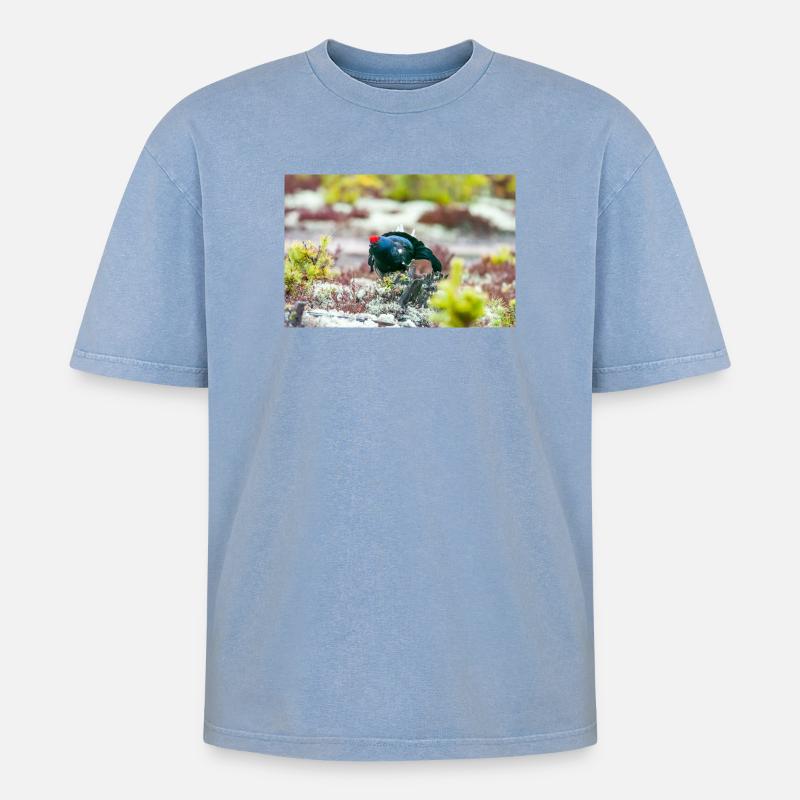 Birkhahn im Moos DSC 3331 - Oversized Unisex Premium Acid-Washed T-Shirt - Blau Acid Wash