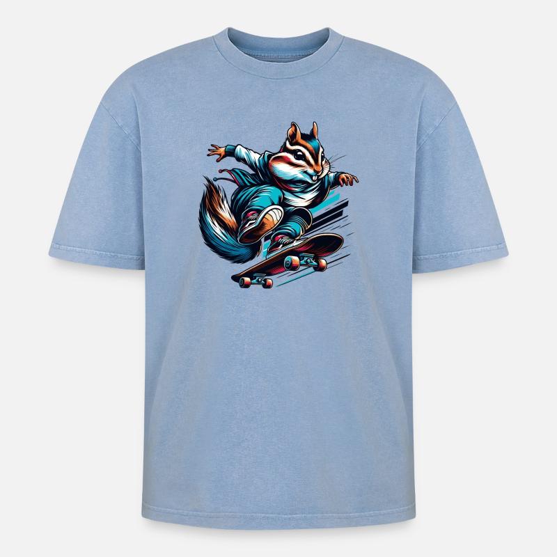 Cool chipmunk on a skateboard - Oversized Unisex Premium Acid-Washed T-Shirt - acid washed blue