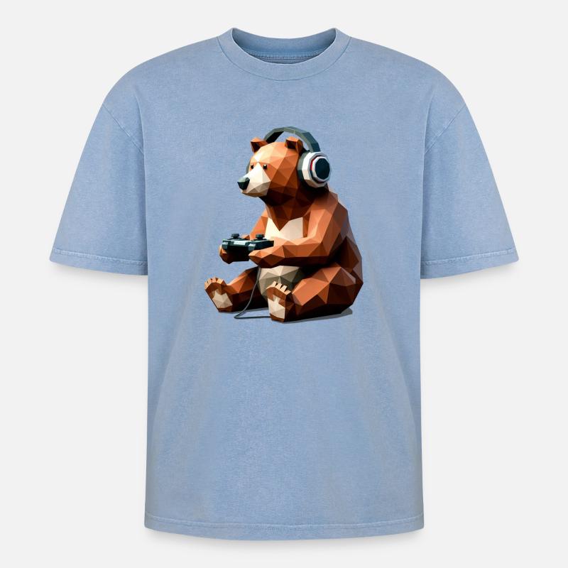 Gaming Bear with Headset & Controller - Oversized Unisex Premium Acid-Washed T-Shirt - acid washed blue