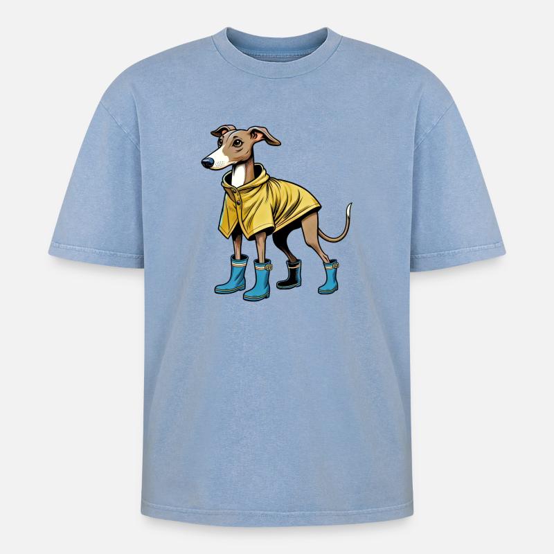 Whippet im Regenmantel - Oversized Unisex Premium Acid-Washed T-Shirt - Blau Acid Wash