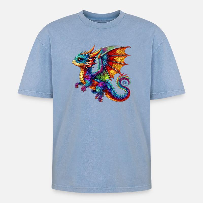 Drache - Oversized Unisex Premium Acid-Washed T-Shirt - Blau Acid Wash