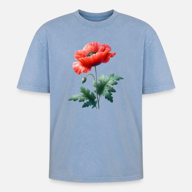 Mohnblumenmotiv: Eine leuchtend rote Mohnblume - Oversized Unisex Premium Acid-Washed T-Shirt - Blau Acid Wash