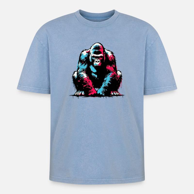 Gorilla - Oversized Unisex Premium Acid-Washed T-Shirt - Blau Acid Wash