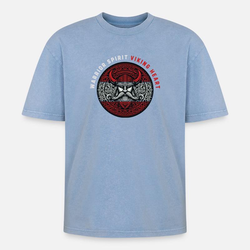 Kriegergeist, Wikingerherz - Oversized Unisex Premium Acid-Washed T-Shirt - Blau Acid Wash
