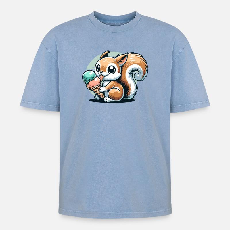 Niedliches Cartoon-Eichhörnchen mit Eiscreme - Oversized Unisex Premium Acid-Washed T-Shirt - Blau Acid Wash
