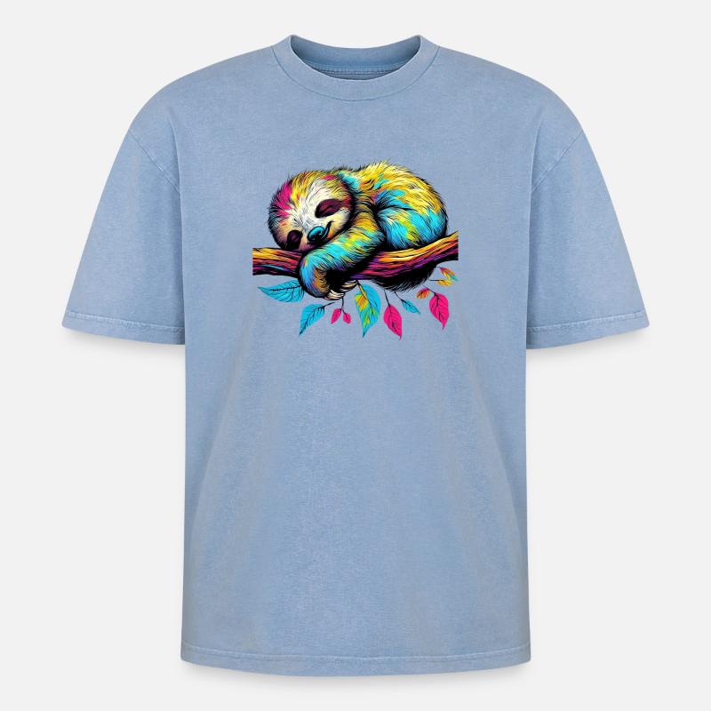 Faultier - Oversized Unisex Premium Acid-Washed T-Shirt - Blau Acid Wash