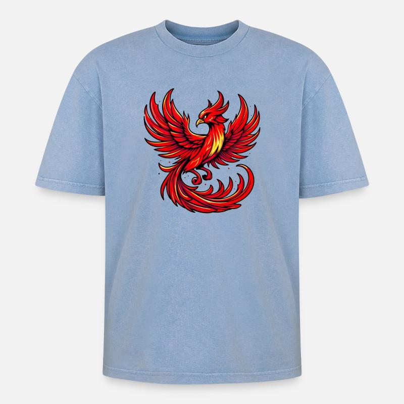 Roter Phönix - Oversized Unisex Premium Acid-Washed T-Shirt - Blau Acid Wash