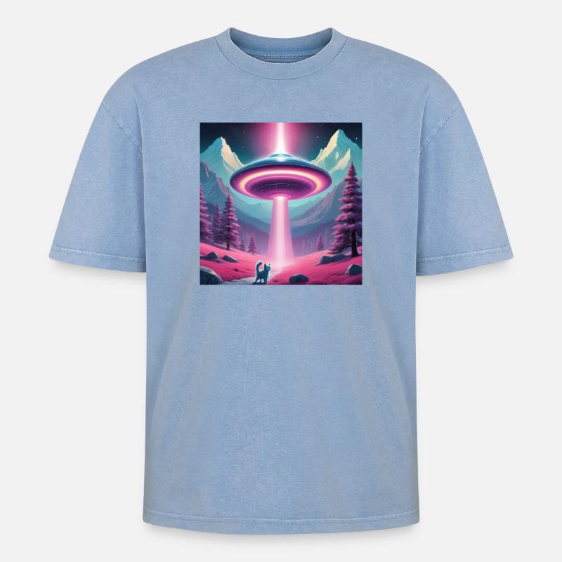 Ufo mit Kätzchen - Oversized Unisex Premium Acid-Washed T-Shirt - Blau Acid Wash