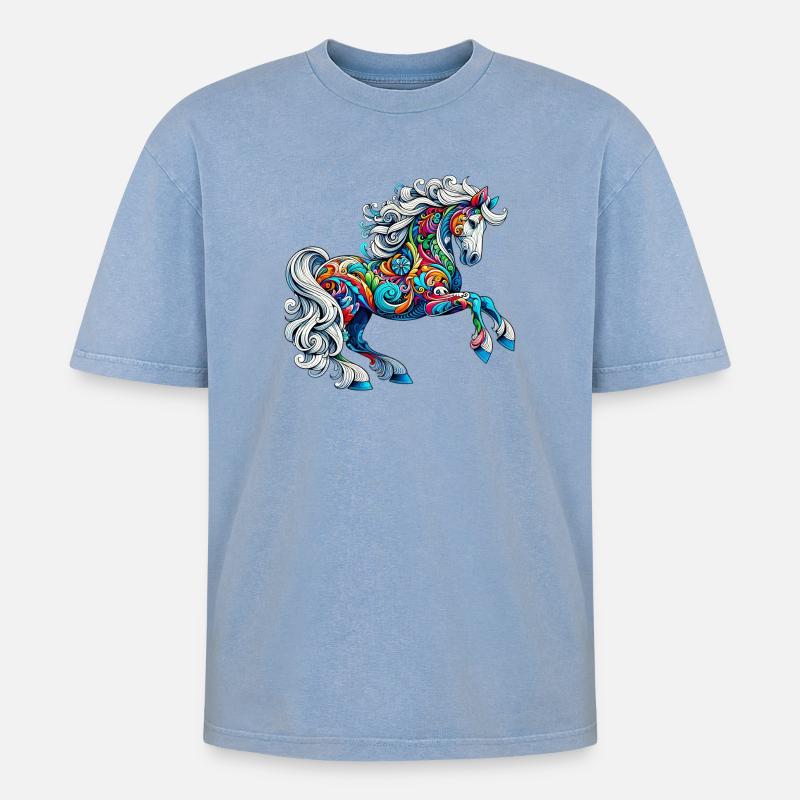 Pferd - Oversized Unisex Premium Acid-Washed T-Shirt - Blau Acid Wash
