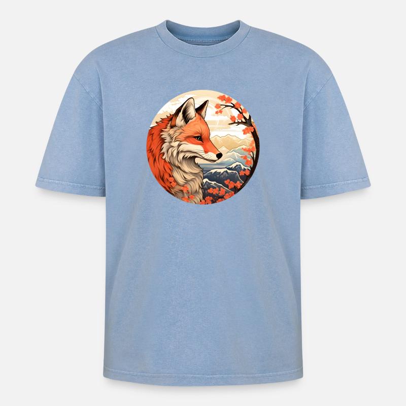 Fuchs zwischen den Blütengipfeln Herbst - Oversized Unisex Premium Acid-Washed T-Shirt - Blau Acid Wash