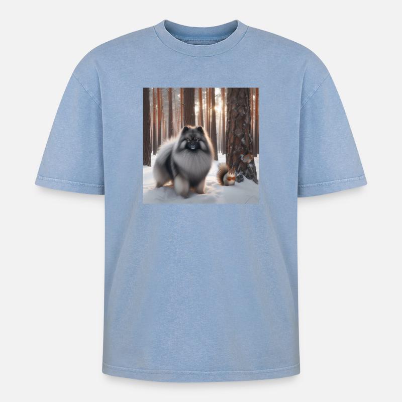 Wolfspitz im Schnee - Oversized Unisex Premium Acid-Washed T-Shirt - Blau Acid Wash