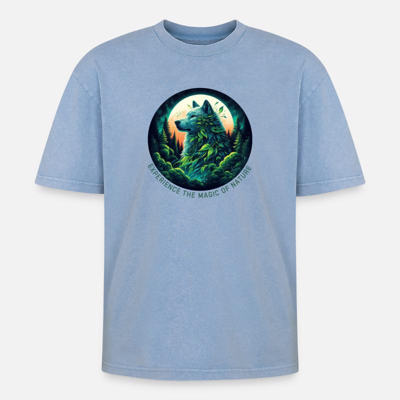 Wolf im Wald - Oversized Unisex Premium Acid-Washed T-Shirt - Blau Acid Wash
