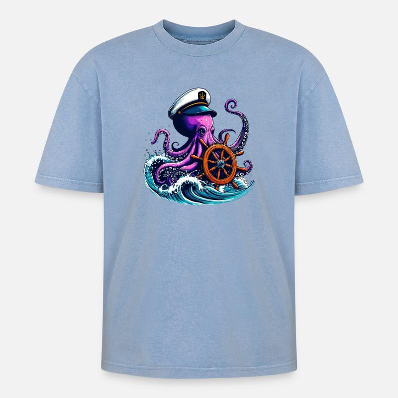 Krake - Oversized Unisex Premium Acid-Washed T-Shirt - Blau Acid Wash