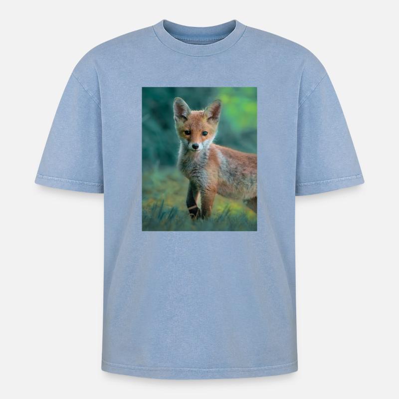 Junger Fuchs - Oversized Unisex Premium Acid-Washed T-Shirt - Blau Acid Wash