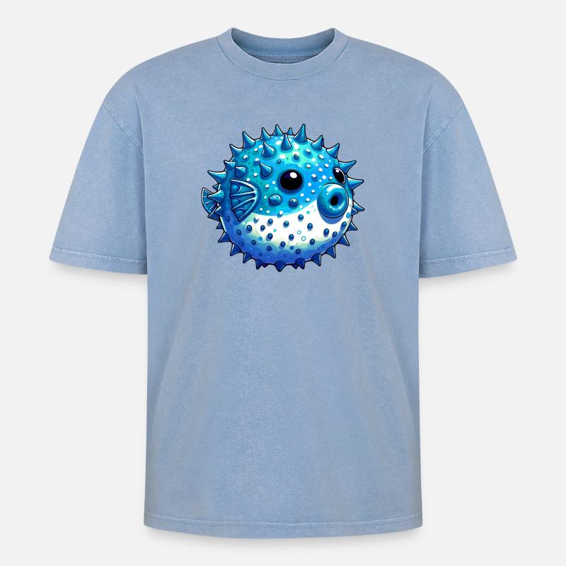 Kugelfisch - Oversized Unisex Premium Acid-Washed T-Shirt - Blau Acid Wash