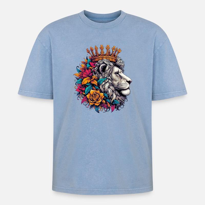 Löwe mit der Krone - Oversized Unisex Premium Acid-Washed T-Shirt - Blau Acid Wash