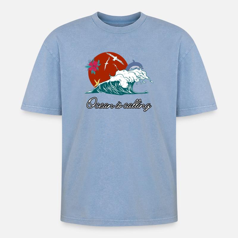 Das Meer ruft - Oversized Unisex Premium Acid-Washed T-Shirt - Blau Acid Wash