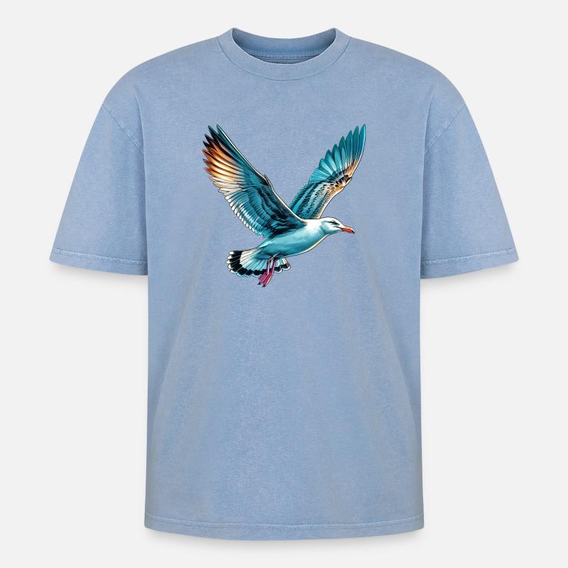 Möwe - Oversized Unisex Premium Acid-Washed T-Shirt - Blau Acid Wash