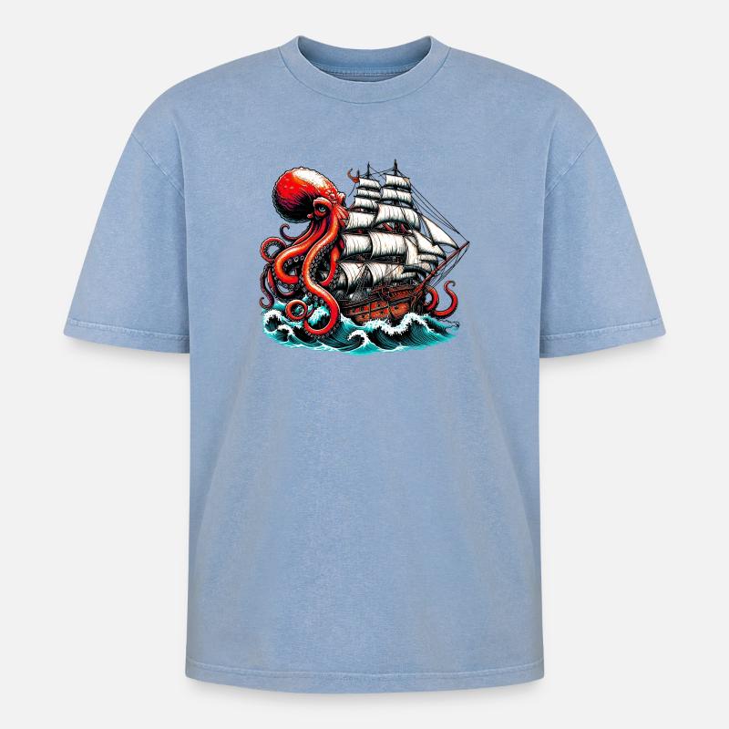 Krake - Oversized Unisex Premium Acid-Washed T-Shirt - Blau Acid Wash