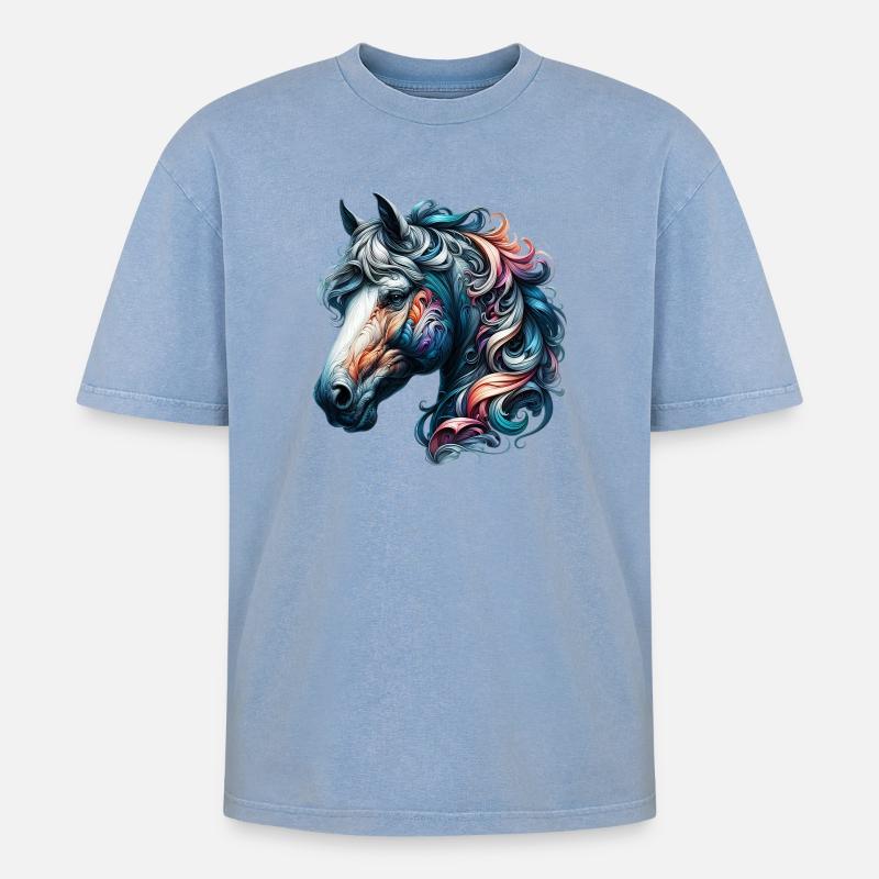 Pferd - Oversized Unisex Premium Acid-Washed T-Shirt - Blau Acid Wash