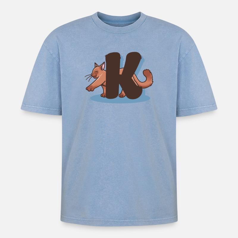 Katze Buchstabe K - Oversized Unisex Premium Acid-Washed T-Shirt - Blau Acid Wash