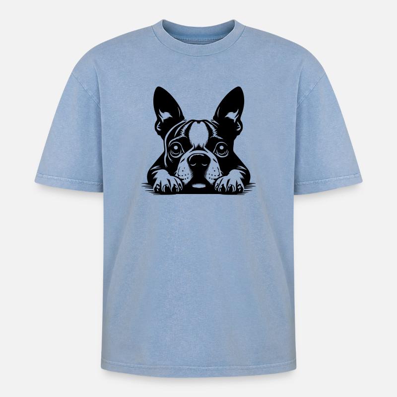 Boston Terrier Kopf mit Pfoten - Oversized Unisex Premium Acid-Washed T-Shirt - Blau Acid Wash