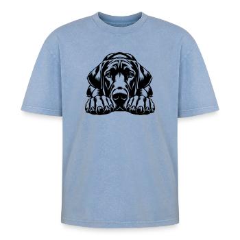 Deutsche Dogge - Oversized Unisex Premium Acid-Washed T-Shirt - Blau Acid Wash - Vorne - AI Model Female 172 dark (172cm) & AI Model Male 185 dark (185cm)