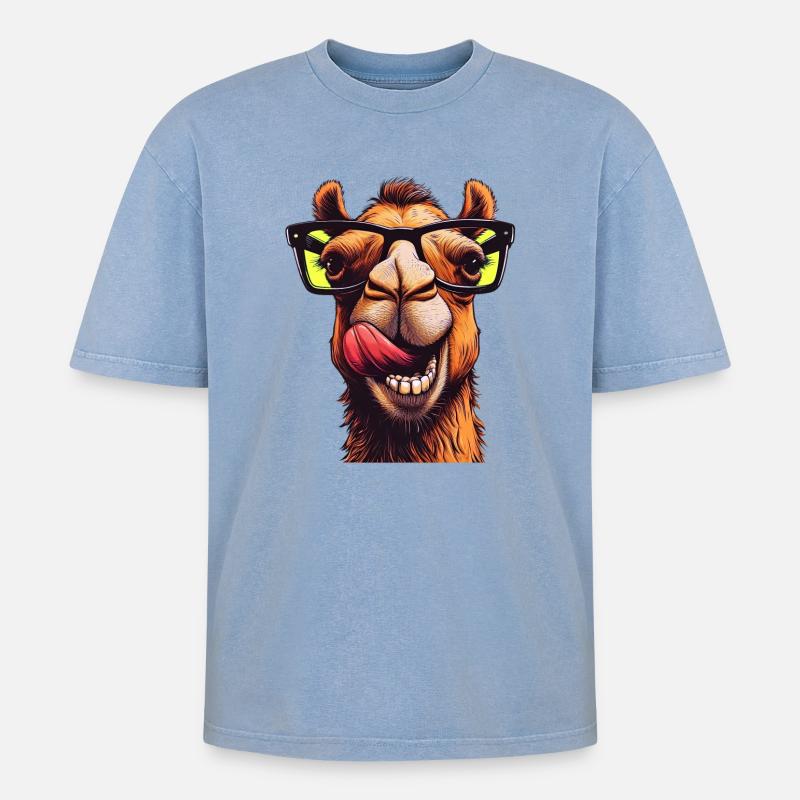 Kamel mit Sonnenbrille - Oversized Unisex Premium Acid-Washed T-Shirt - Blau Acid Wash
