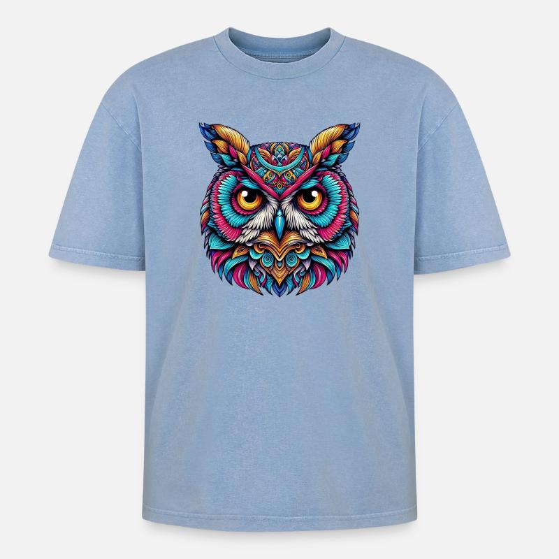 Eule - Oversized Unisex Premium Acid-Washed T-Shirt - Blau Acid Wash