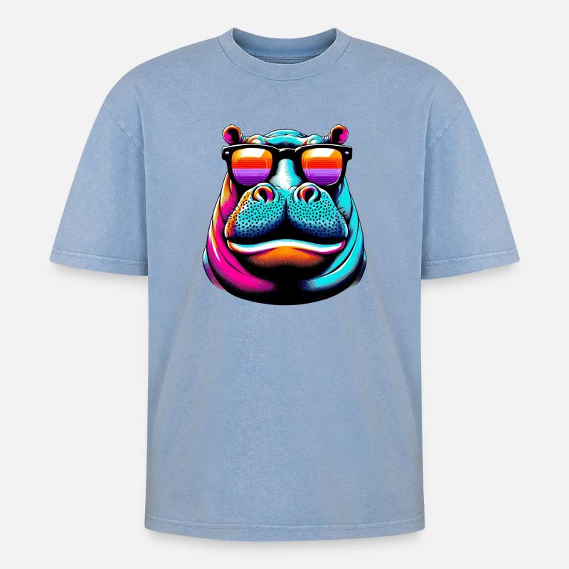 Nilpferd mit Sonnenbrille - Oversized Unisex Premium Acid-Washed T-Shirt - Blau Acid Wash