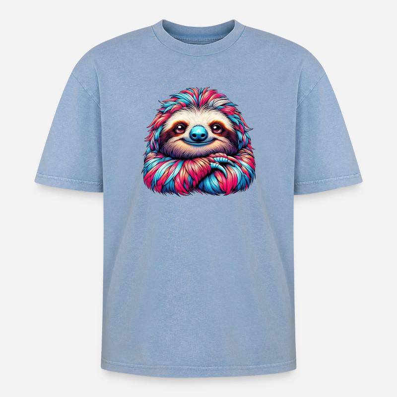 Faultier - Oversized Unisex Premium Acid-Washed T-Shirt - Blau Acid Wash