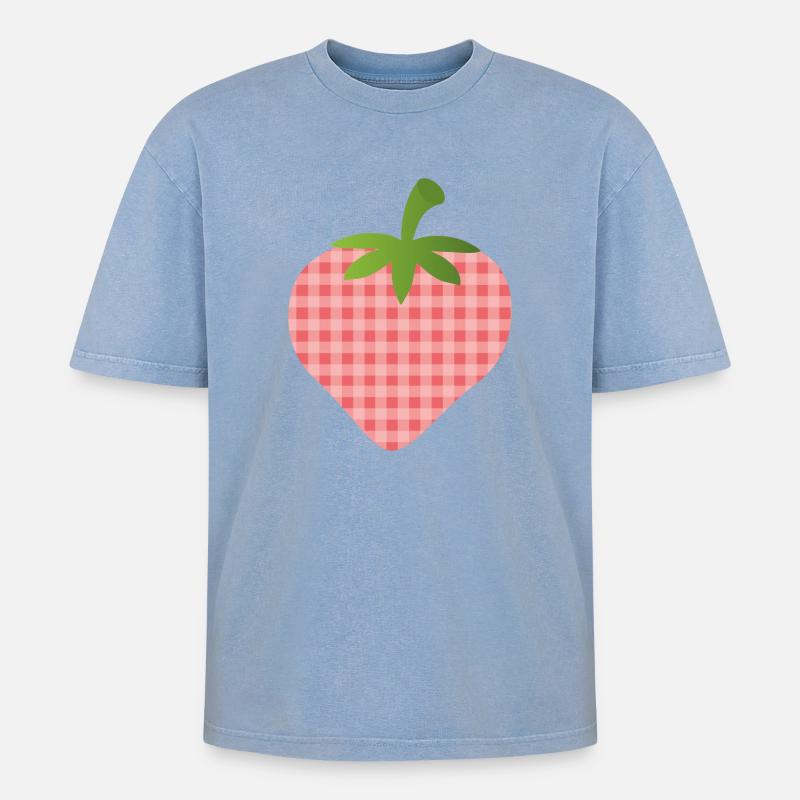 Strawberry with check pattern - personalizable - Oversized Unisex Premium Acid-Washed T-Shirt - acid washed blue