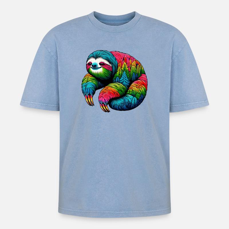 Faultier - Oversized Unisex Premium Acid-Washed T-Shirt - Blau Acid Wash