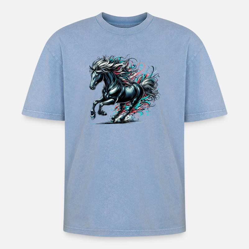 Pferd - Oversized Unisex Premium Acid-Washed T-Shirt - Blau Acid Wash