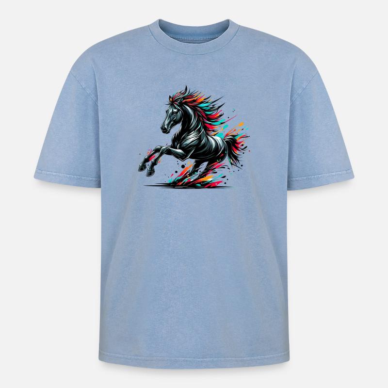 Pferd - Oversized Unisex Premium Acid-Washed T-Shirt - Blau Acid Wash