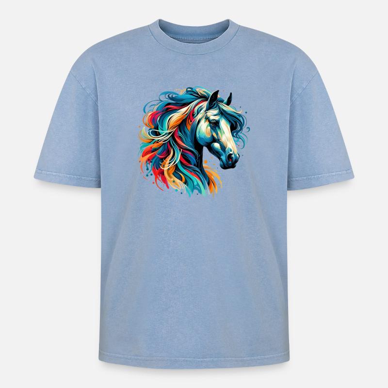 Pferd - Oversized Unisex Premium Acid-Washed T-Shirt - Blau Acid Wash
