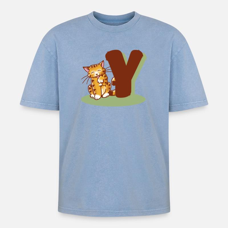 Katze Buchstabe Y - Oversized Unisex Premium Acid-Washed T-Shirt - Blau Acid Wash