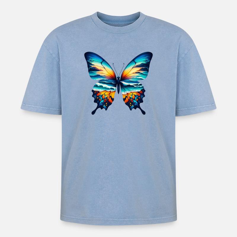 Butterfly - Oversized Unisex Premium Acid-Washed T-Shirt - acid washed blue