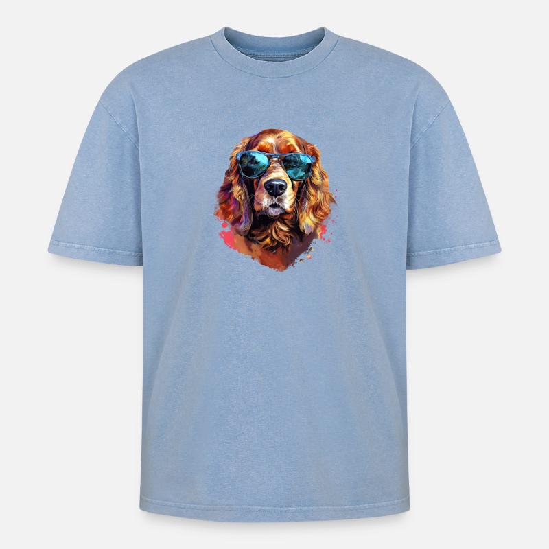 Cocker Spaniel mit Sonnenbrille - Oversized Unisex Premium Acid-Washed T-Shirt - Blau Acid Wash
