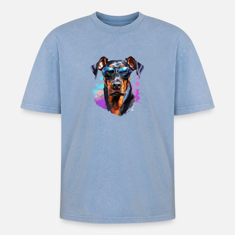 Dobermann mit Sonnenbrille - Oversized Unisex Premium Acid-Washed T-Shirt - Blau Acid Wash