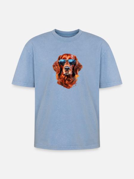 Irish Setter with Sunglasses - Oversized Unisex Premium Acid-Washed T-Shirt - acid washed blue