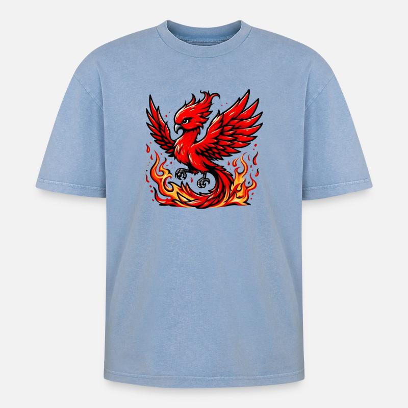Roter Phönix - Oversized Unisex Premium Acid-Washed T-Shirt - Blau Acid Wash