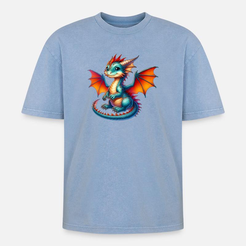 Drache - Oversized Unisex Premium Acid-Washed T-Shirt - Blau Acid Wash