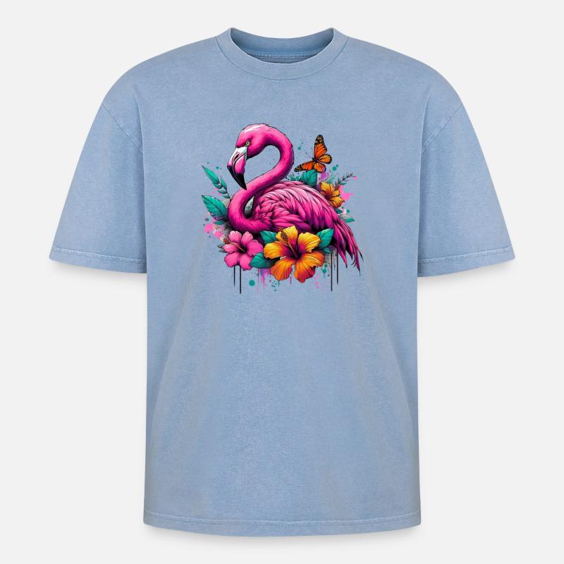 Flamingo - Oversized Unisex Premium Acid-Washed T-Shirt - Blau Acid Wash