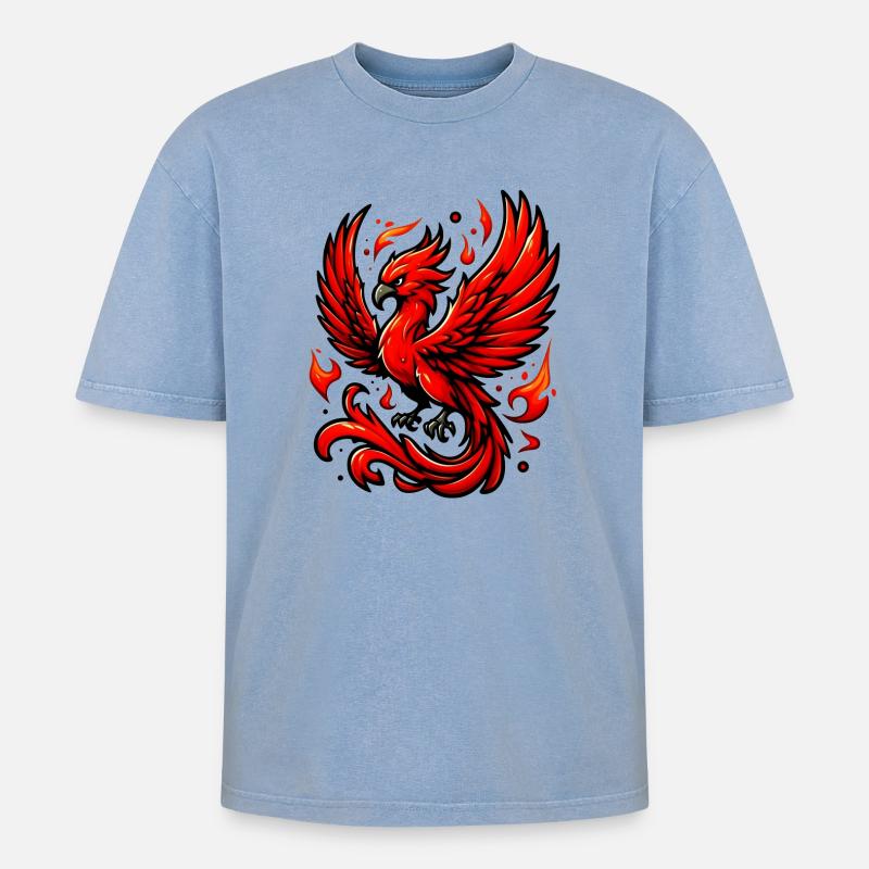 Roter Phönix - Oversized Unisex Premium Acid-Washed T-Shirt - Blau Acid Wash