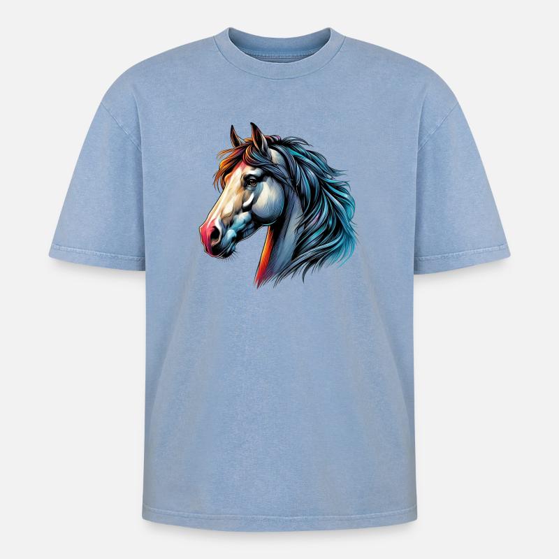 Pferd - Oversized Unisex Premium Acid-Washed T-Shirt - Blau Acid Wash