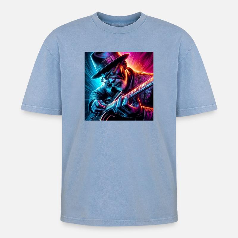Retro Neon Effekte Gitarrist - Oversized Unisex Premium Acid-Washed T-Shirt - Blau Acid Wash
