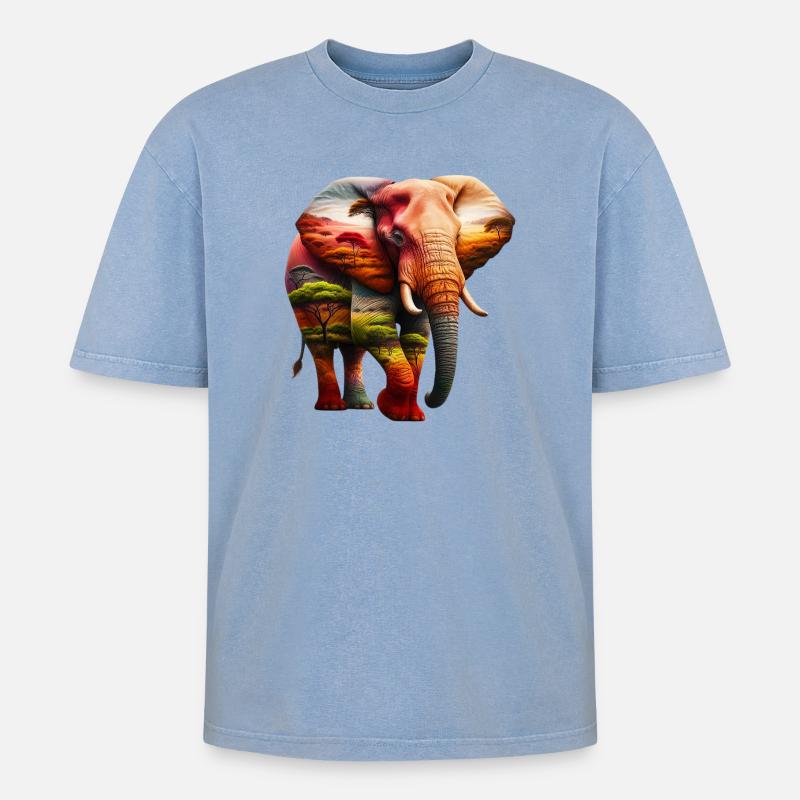 Elefant - Oversized Unisex Premium Acid-Washed T-Shirt - Blau Acid Wash